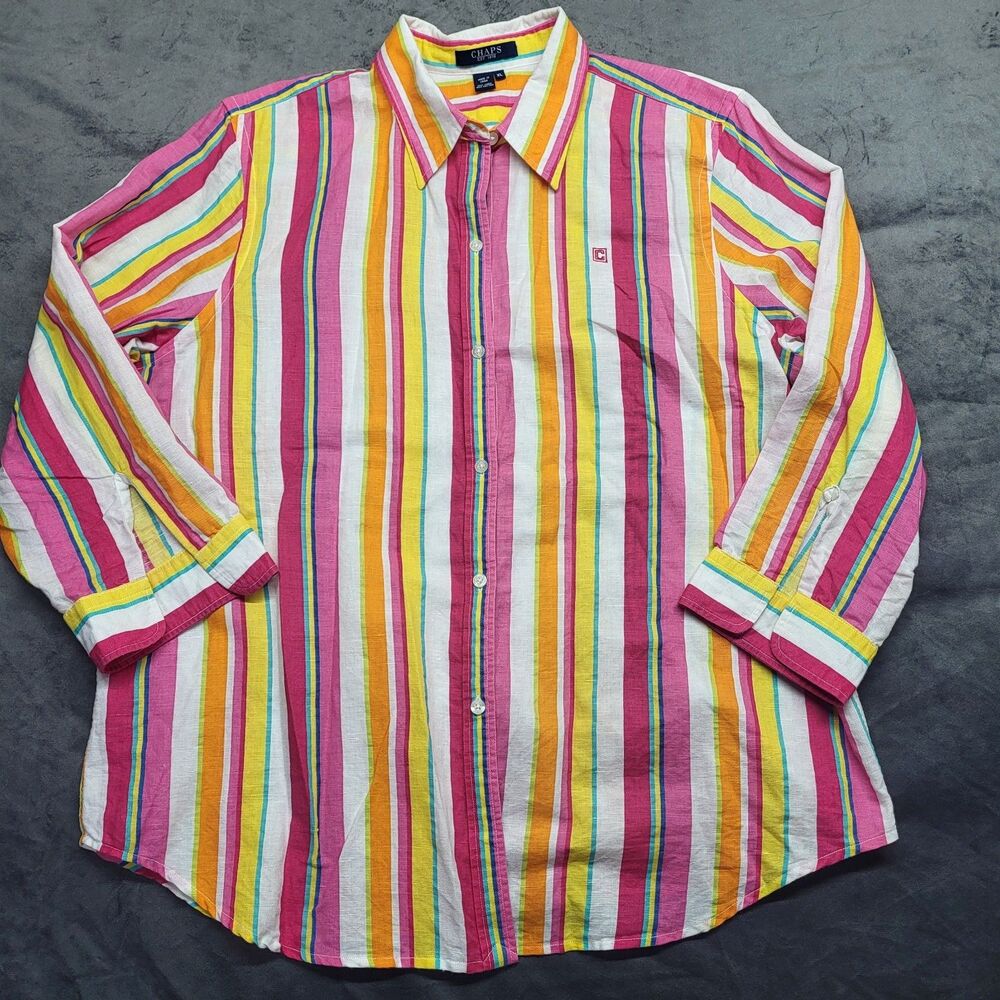 Chaps Women's Linen Colorful Bright Loud Striped Button Up Blouse Size XL Summer